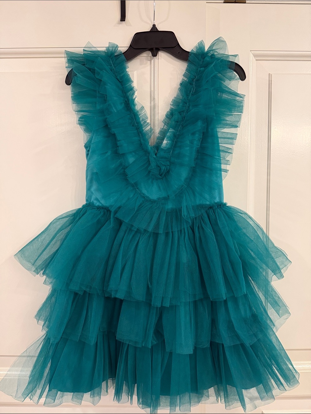 Teal Ruffled Tulle Mini Dress with Deep V